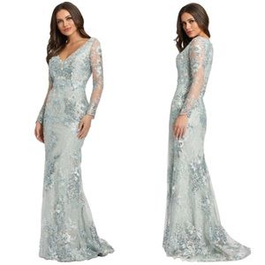 Mac Duggal Floral Embroidered Lace Sequin Embellished Illusion Long Sleeve Gown